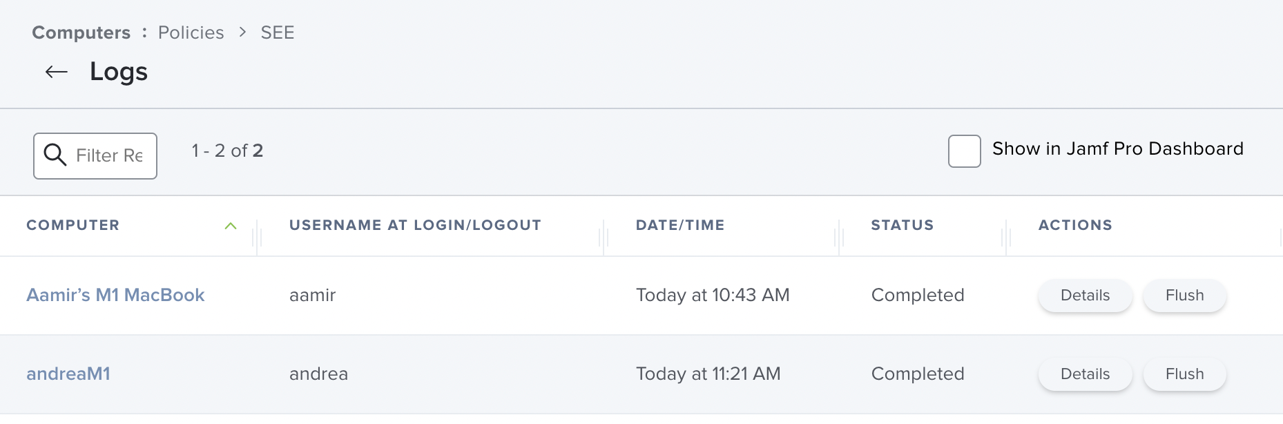 Jamf logs of deployment