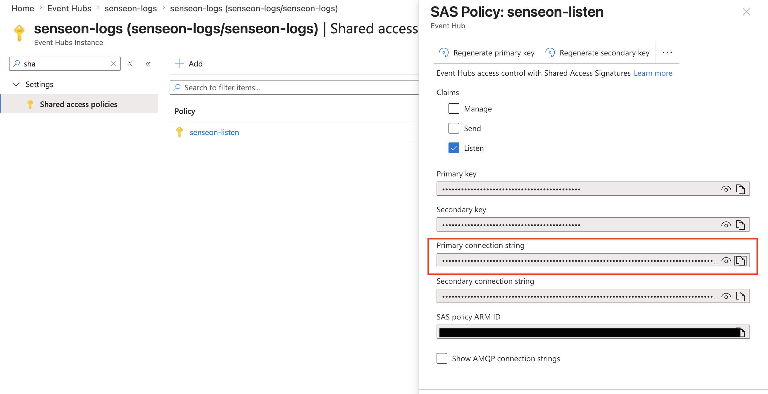 Copy the primary connection string from the senseon-listen policy