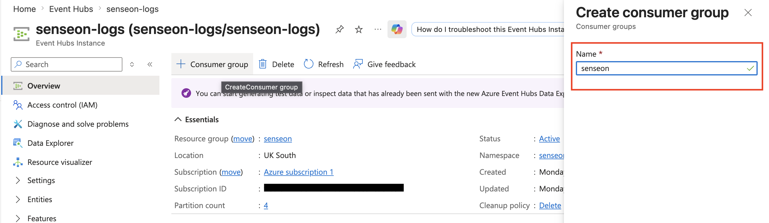 Create a consumer group named senseon