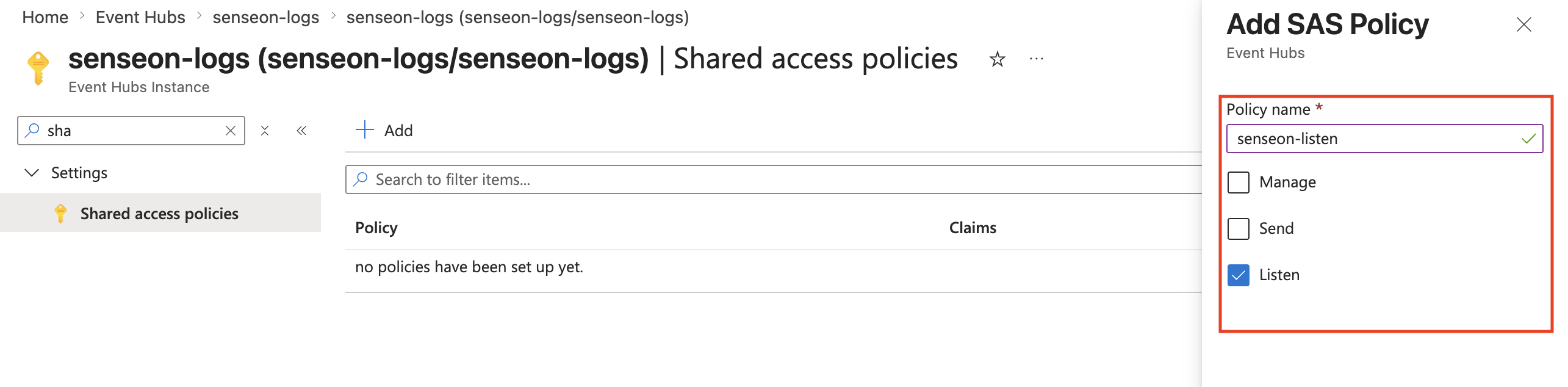 Add a Shared access policy with Listen only ticked