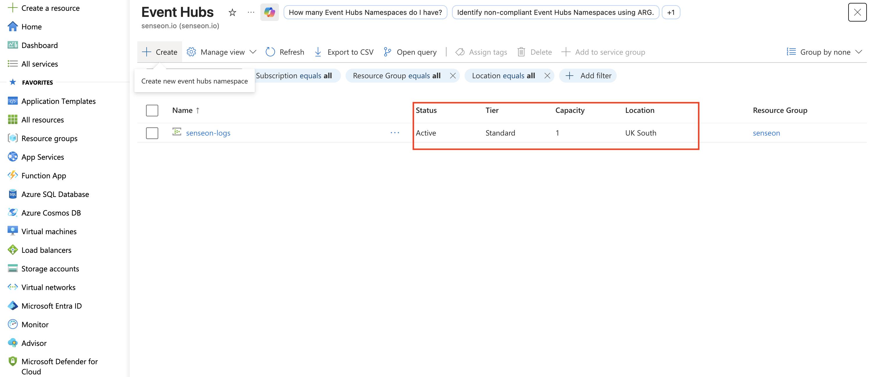 Event Hubs namespace list showing the Standard tier