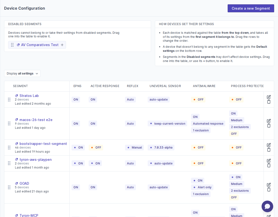 The Device Configuration page listing device segments and their settings
