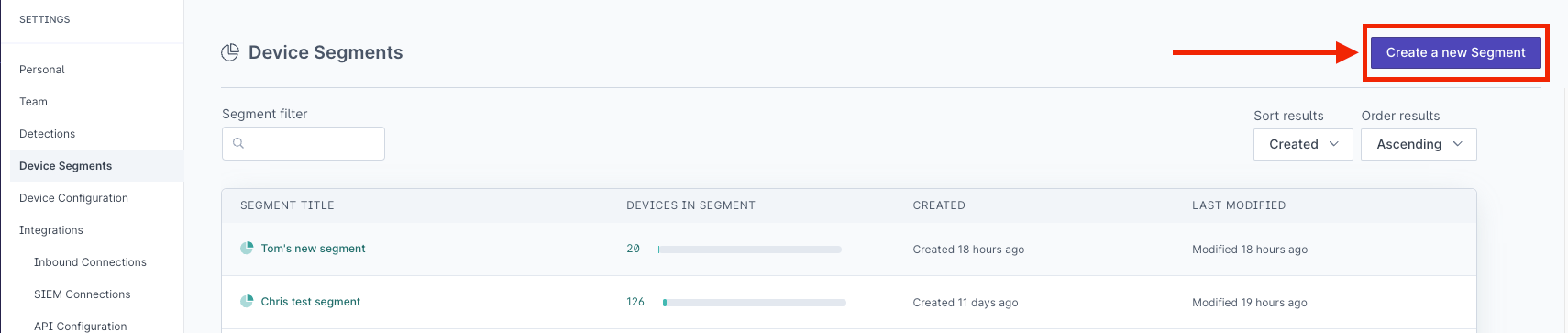 Create a new segment option in SenseOn interface