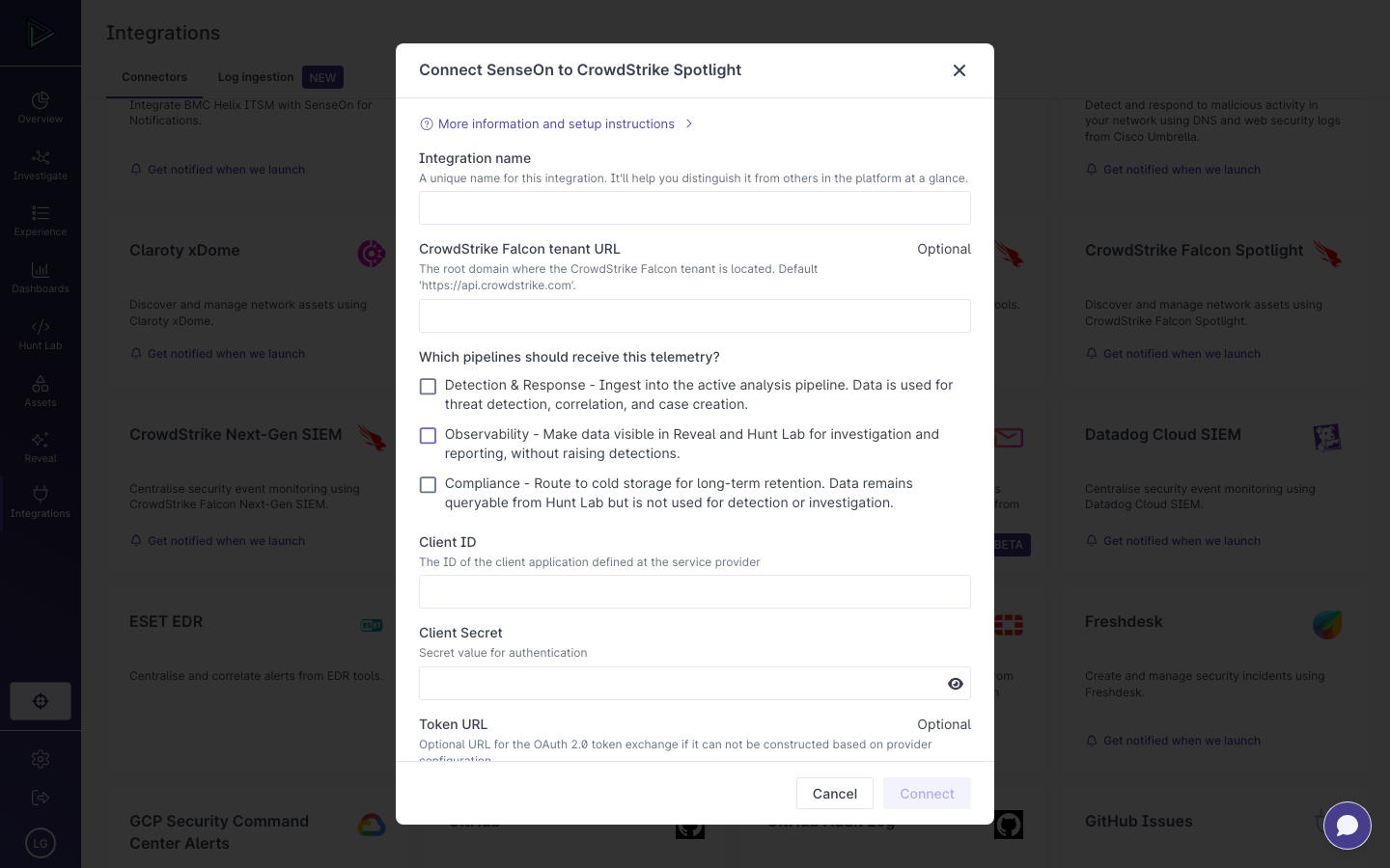 The connector setup form, showing the credential fields and the pipelines selection