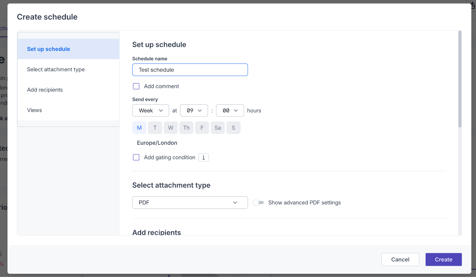 Image: "Create schedule" pop-up window showing options to set up a scheduled report.