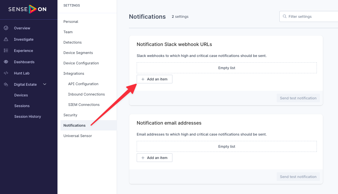 SenseOn add slack notification to UI