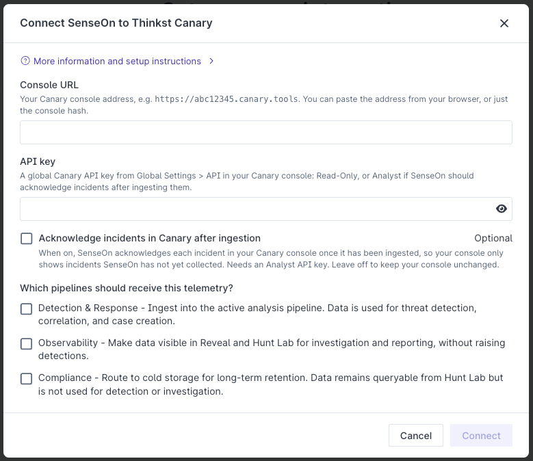 The Thinkst Canary connection form, with the console URL, API key, acknowledgement option and pipelines selection